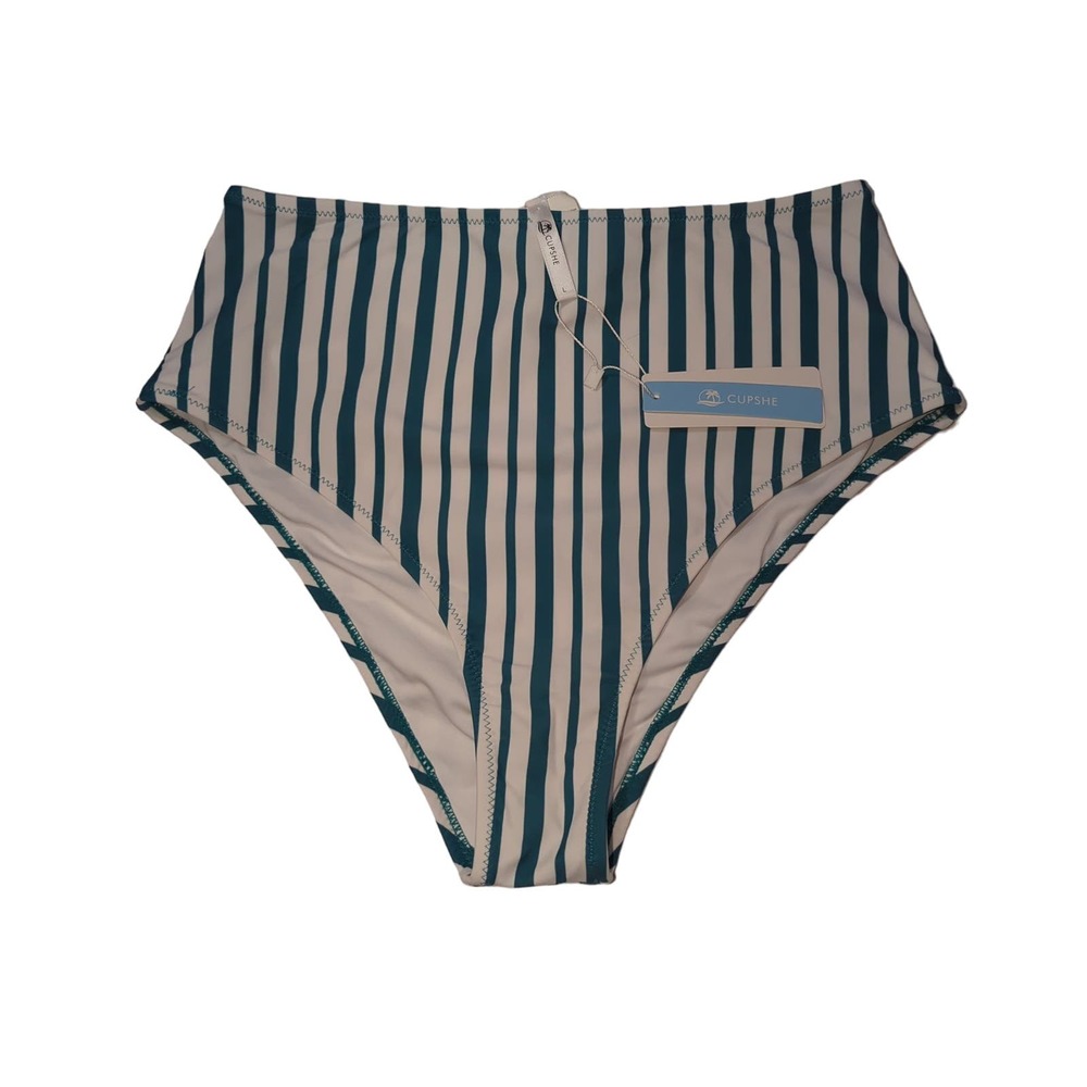 NWT Cupshe Striped White and Blue Swimsuit Bottoms Woman Large - Picture 1 of 3